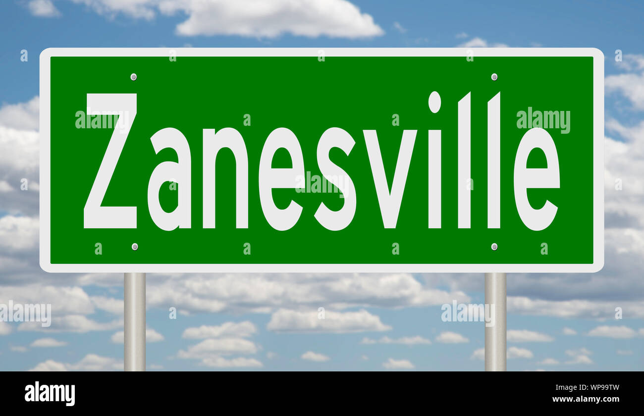 Rendering of a green highway sign for Zanesville Ohio Stock Photo Alamy