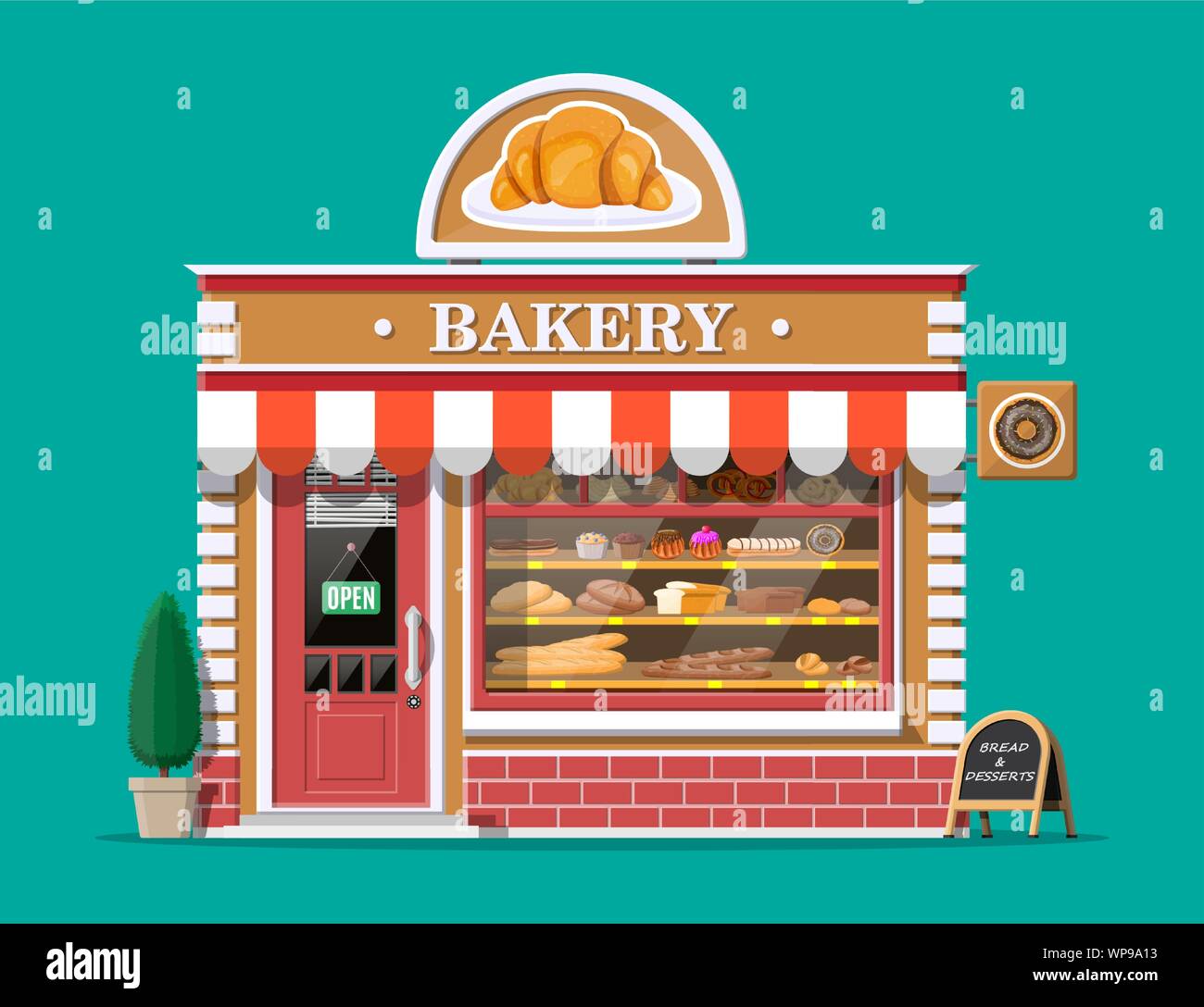 Bakery shop building facade with signboard. Baking store, cafe, bread ...