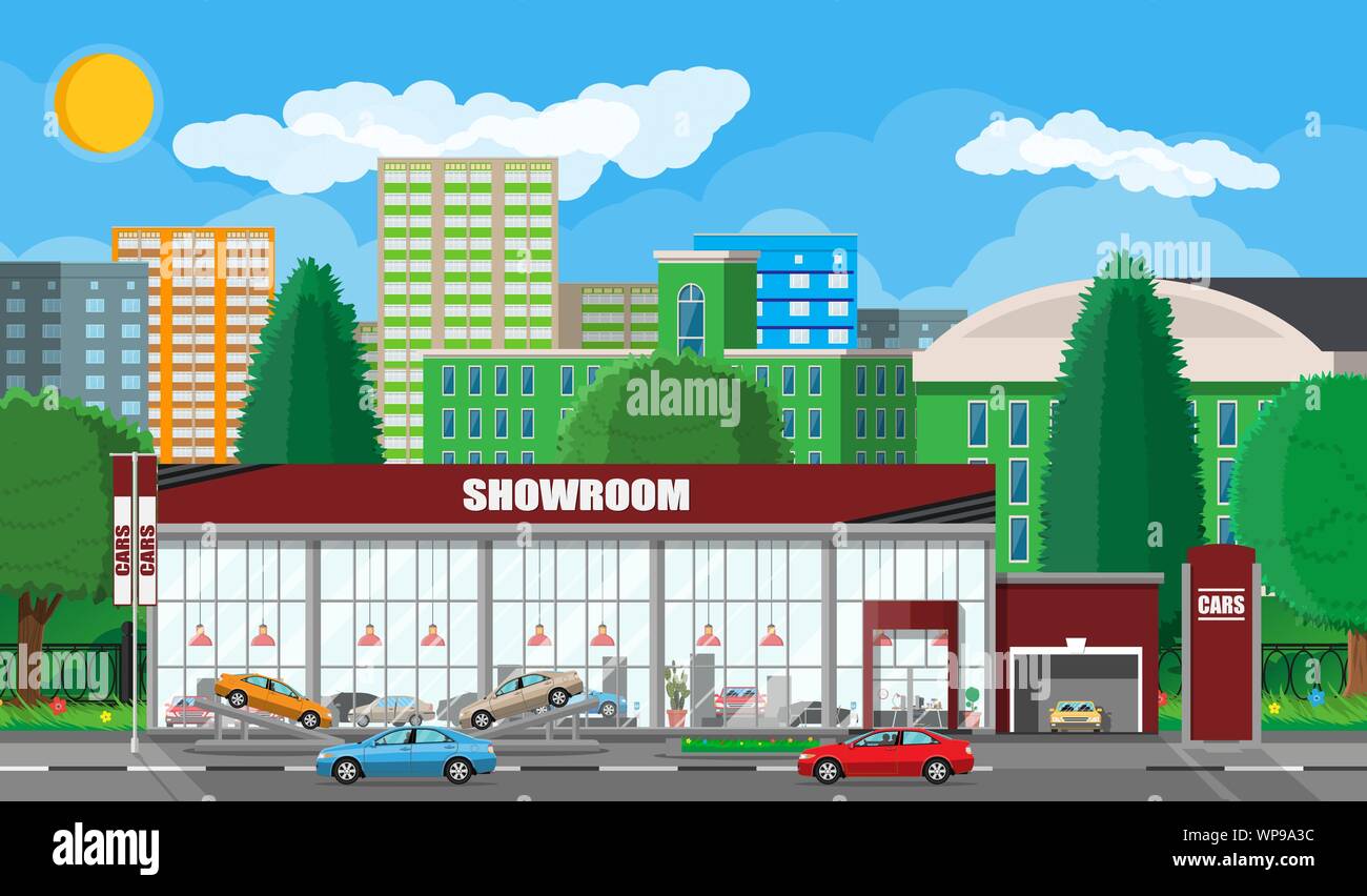 Exhibition pavilion, showroom or dealership. Car showroom building. Car