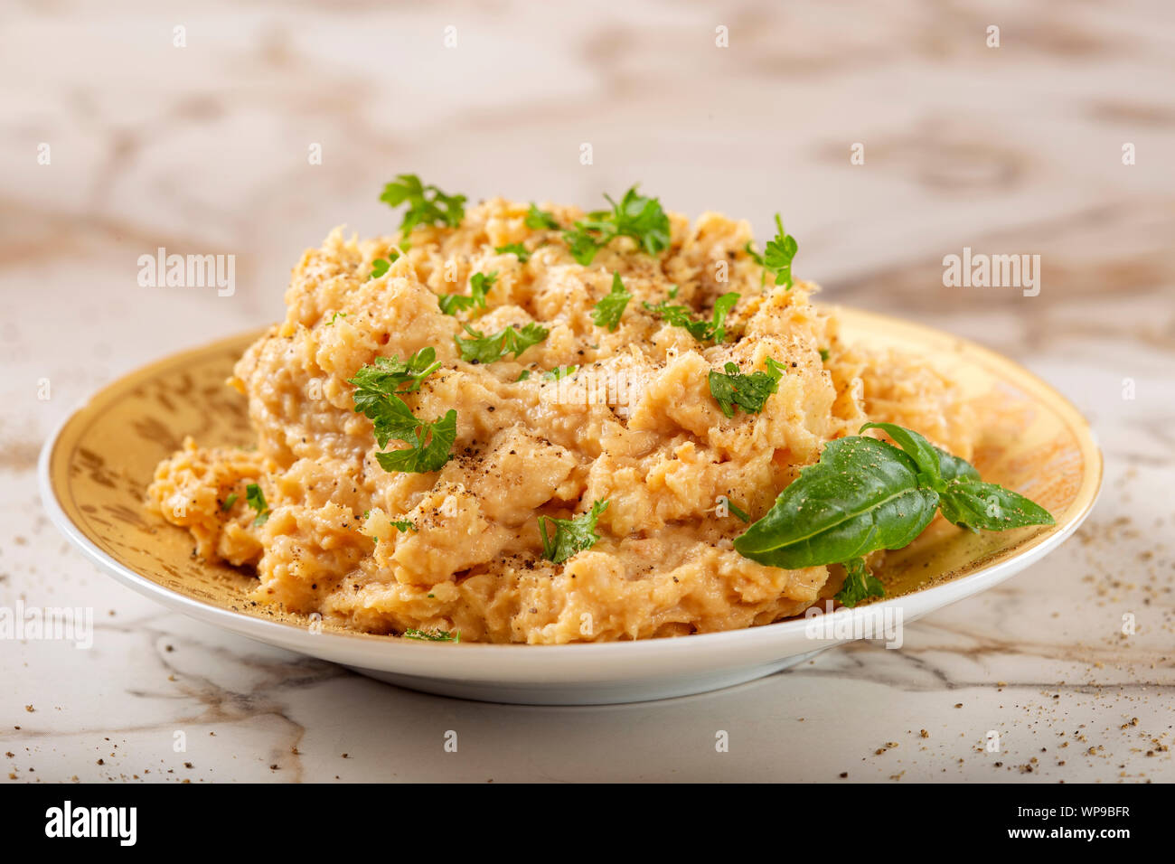 Chicken spread made from minced chicken meat, mayonnaise and ketchup on plate Stock Photo
