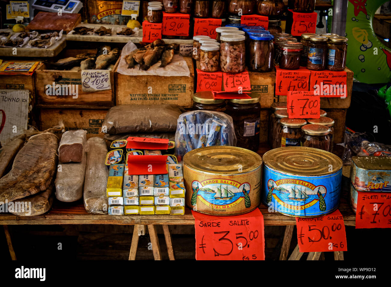 Canned food in the fish market, Palermo, Sicily, Italy Stock Photo