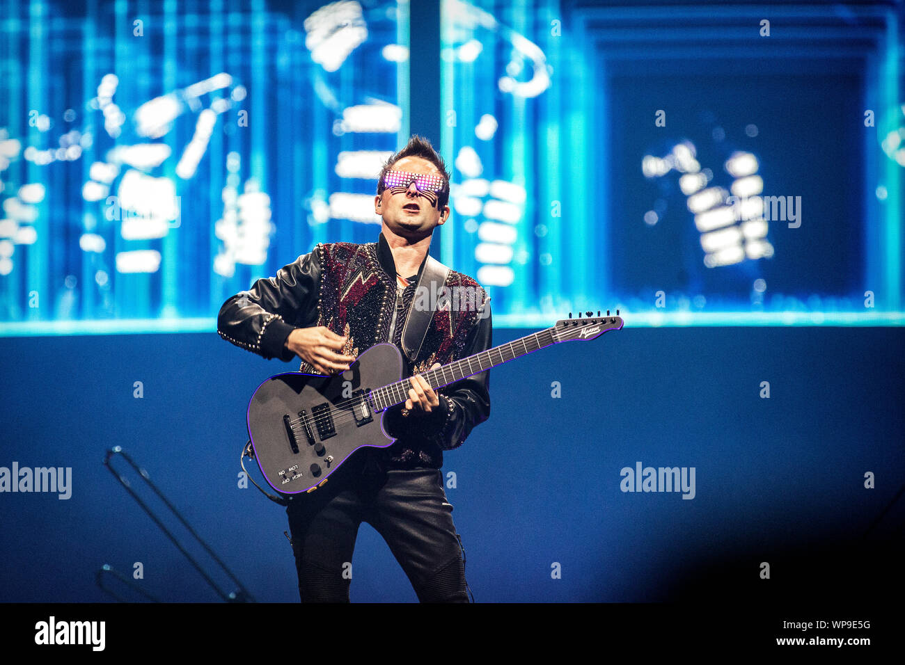 Oslo, Norway. 7th, September 2019. The English rock band Muse performs a live concert at Telenor Arena in Oslo. Here singer, songwriter and musician Matthew Bellamy is seen live on stage. (Photo credit: Gonzales Photo - Terje Dokken). Stock Photo