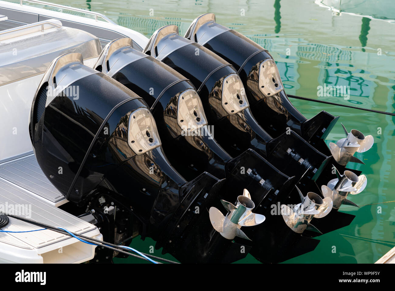 Four outboard motors on a speedboat Stock Photo
