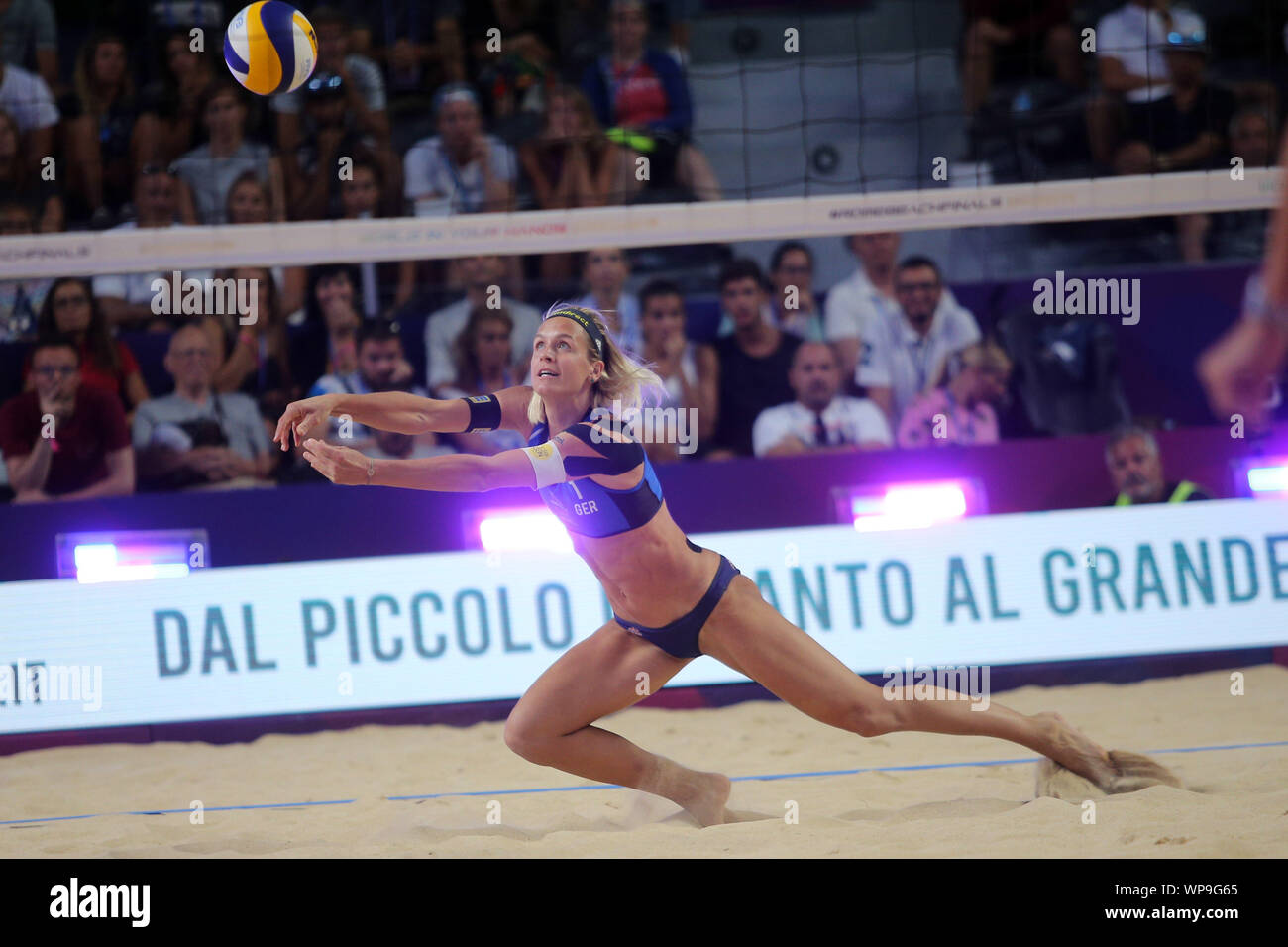 Rome, Italy - September 07,2019:Heidrich/Verge-Depre and Ludwig Kozuch during the Semifinals - Women FIVB World Tour Rome Beach Volley Finals 2018/2019, Olympic qualifiers match Swiss v Germany, at Rome Tennis Stadium. Stock Photo