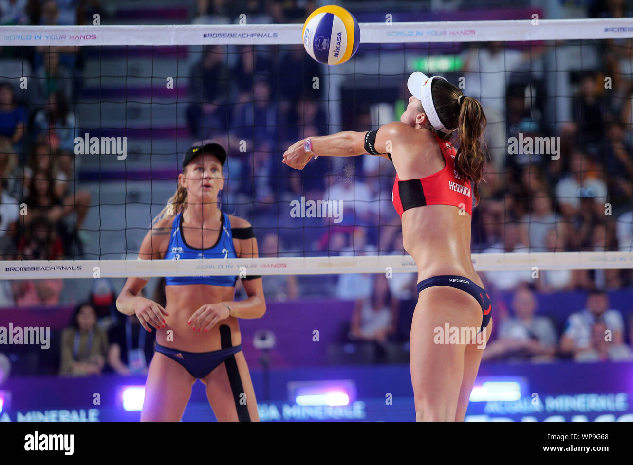 Rome, Italy - September 07,2019:Heidrich/Verge-Depre and Ludwig Kozuch during the Semifinals - Women FIVB World Tour Rome Beach Volley Finals 2018/2019, Olympic qualifiers match Swiss v Germany, at Rome Tennis Stadium. Stock Photo