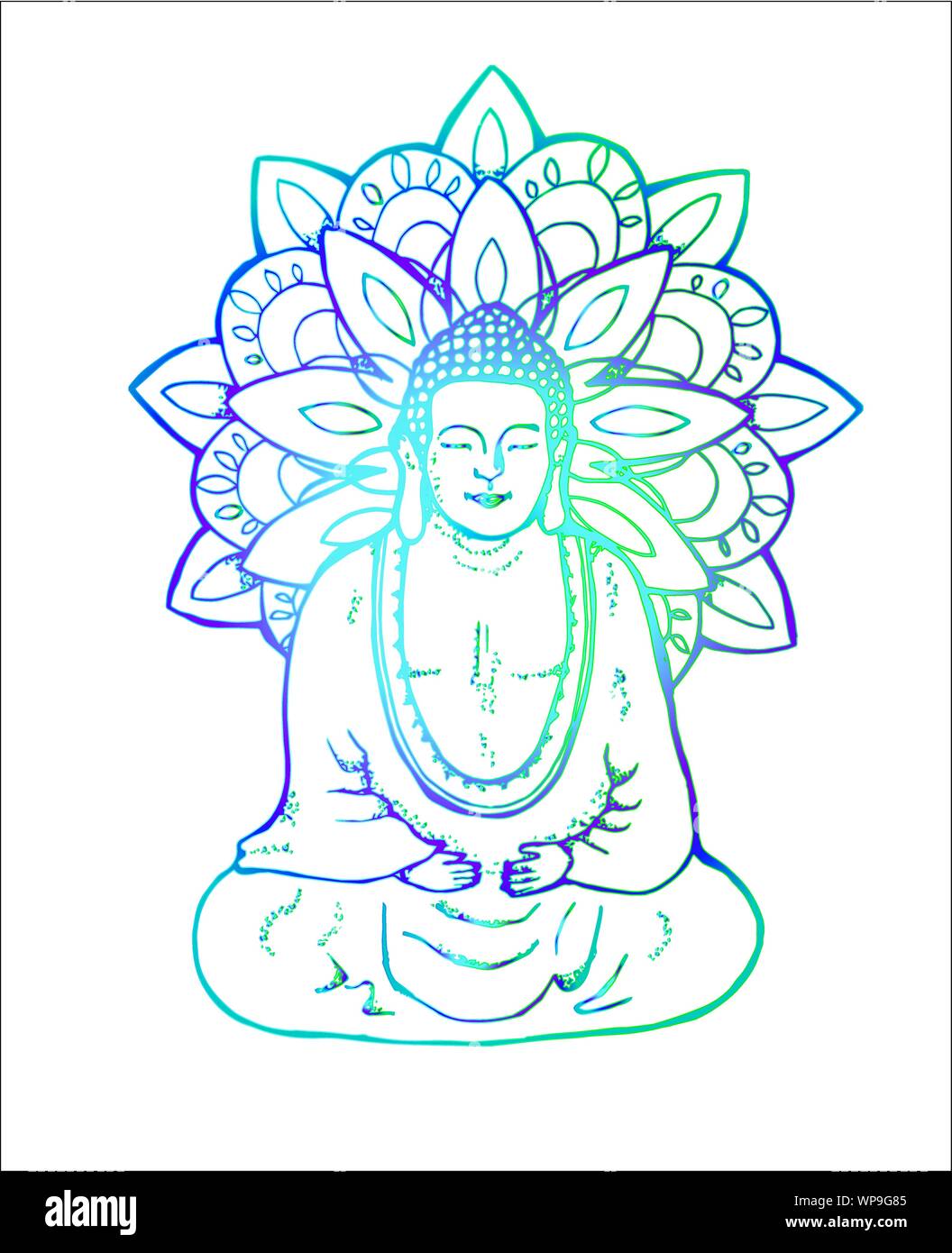 Color illustration of a meditating mandala buddha. Mandala in the style of sentangle. Street art Stock Vector