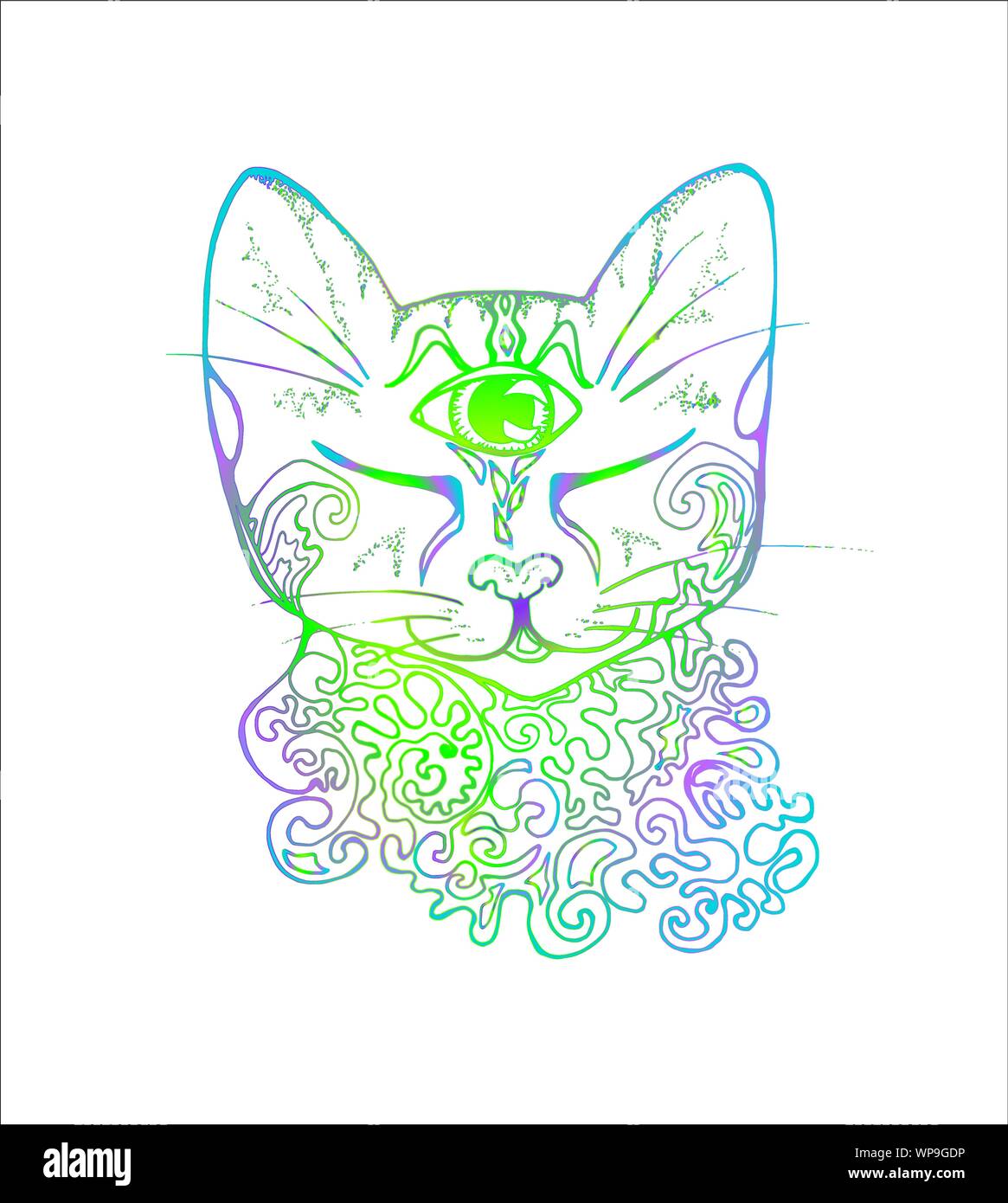 An illustration of a psychedelic cat. Color drawing of a cat. Stock Vector