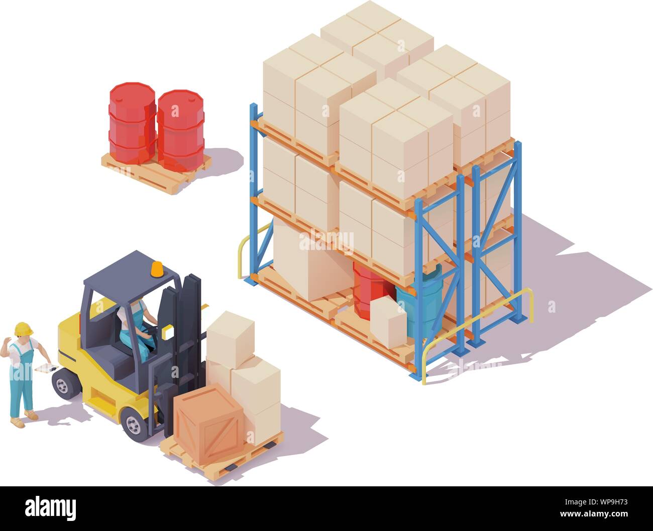 Vector isometric forklift and warehouse workers Stock Vector