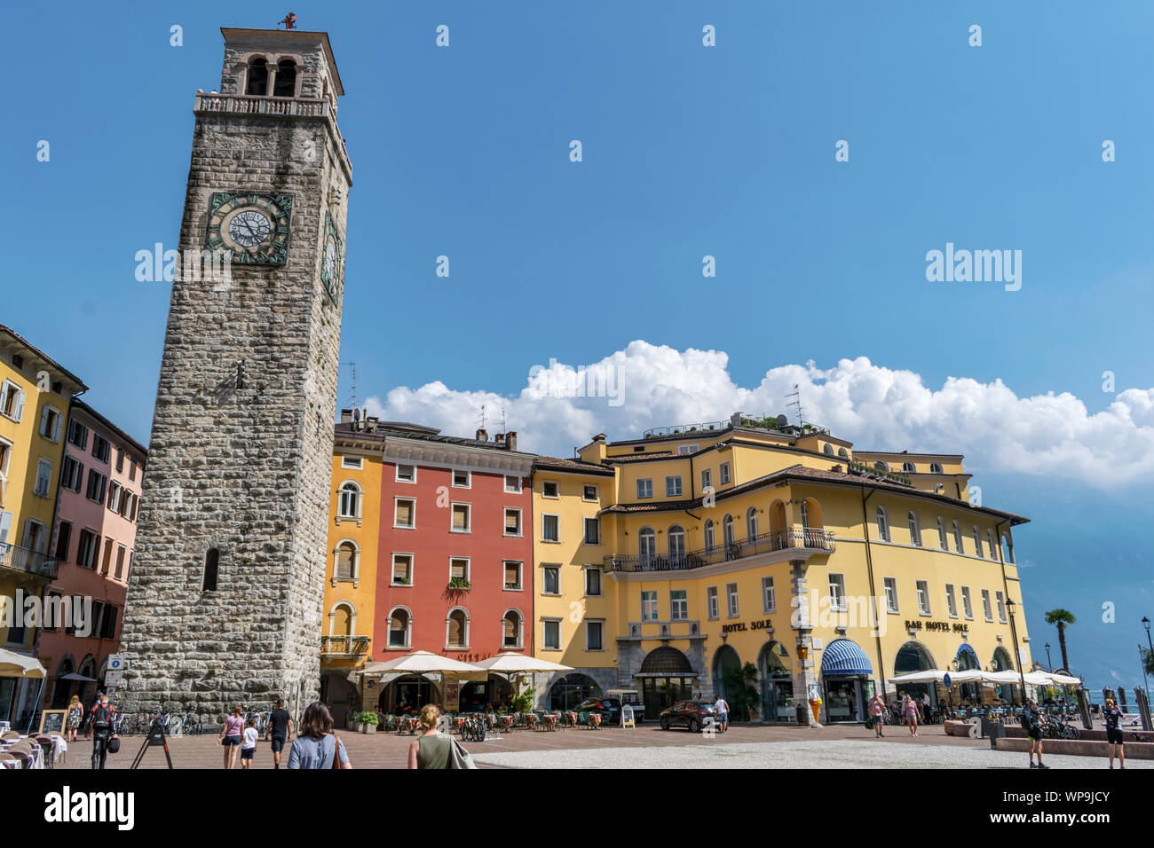 Riva del Garda, Italy -  Aug 1, 2019: The Main square of  Riva del Garda on Lake Garda Stock Photo