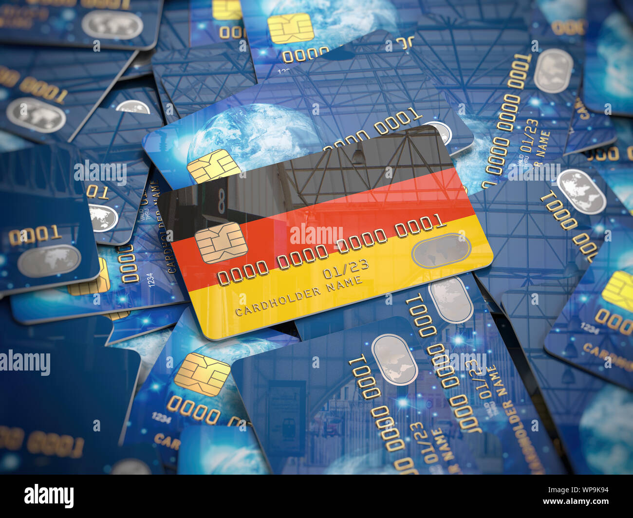Credit card ofgerman bank on the heap of other different cards. Opening a bank account in Germany. 3d illustration Stock Photo