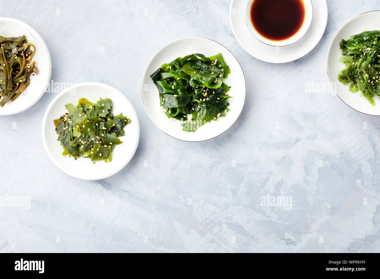 Various seaweed, sea vegetables, shot from above with copy space. Superfoods background Stock Photo