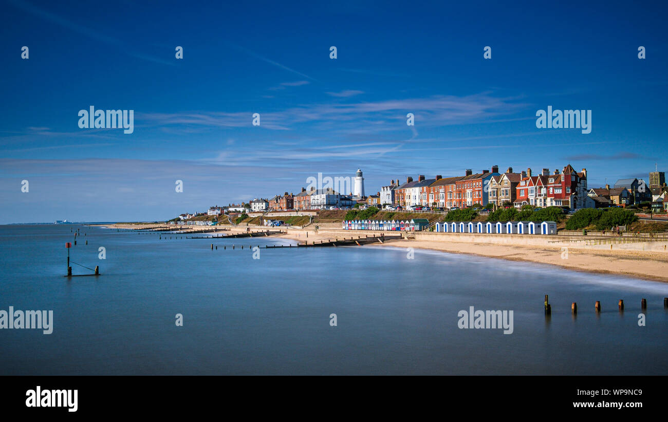 Southwold pier provides the best view of the town with its lighthouse. Stock Photo