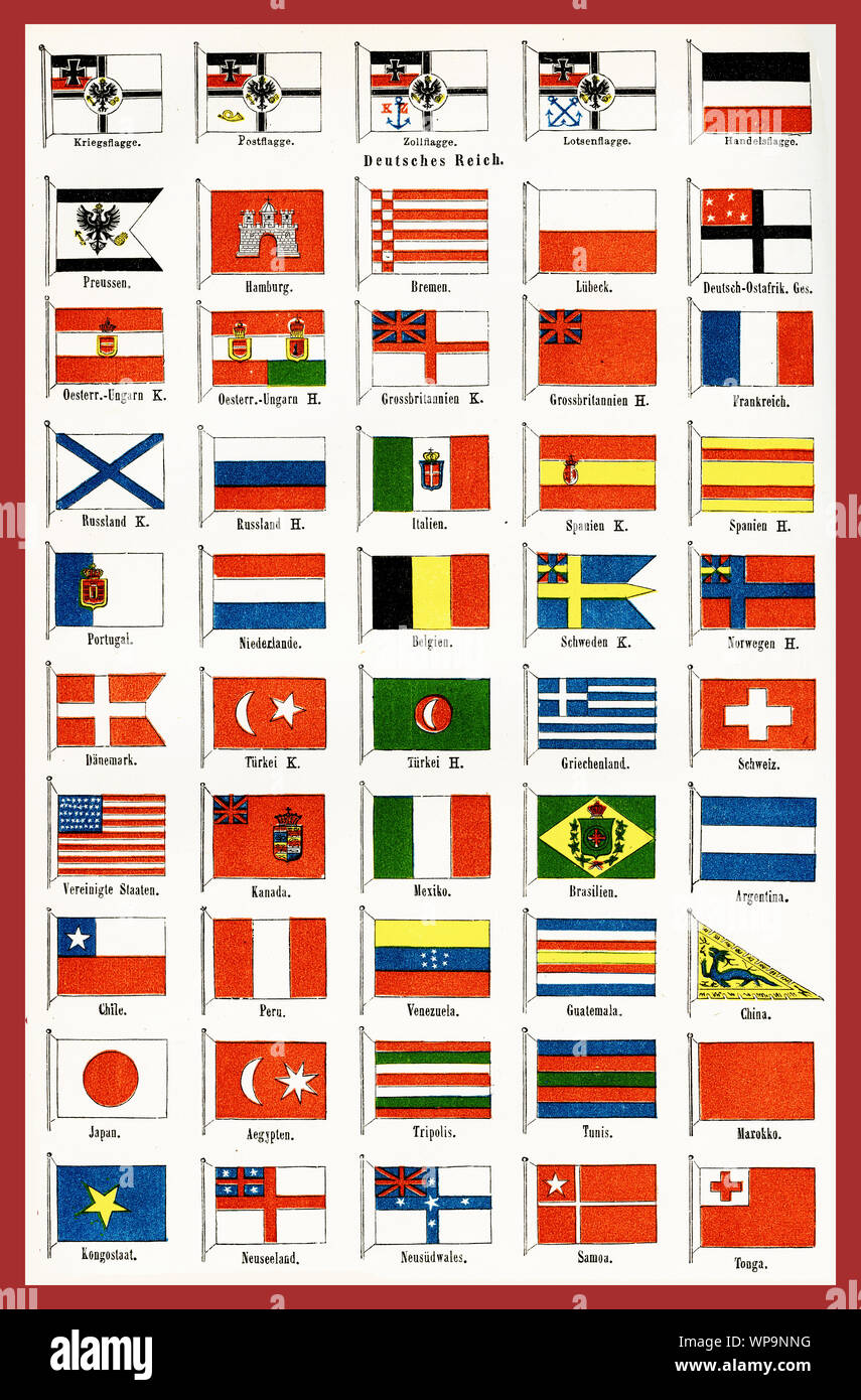 War and commercial  maritime flags  of world countries, 19th century illustrated table. Flags are used on ships under strictly rules and regulations. Stock Photo