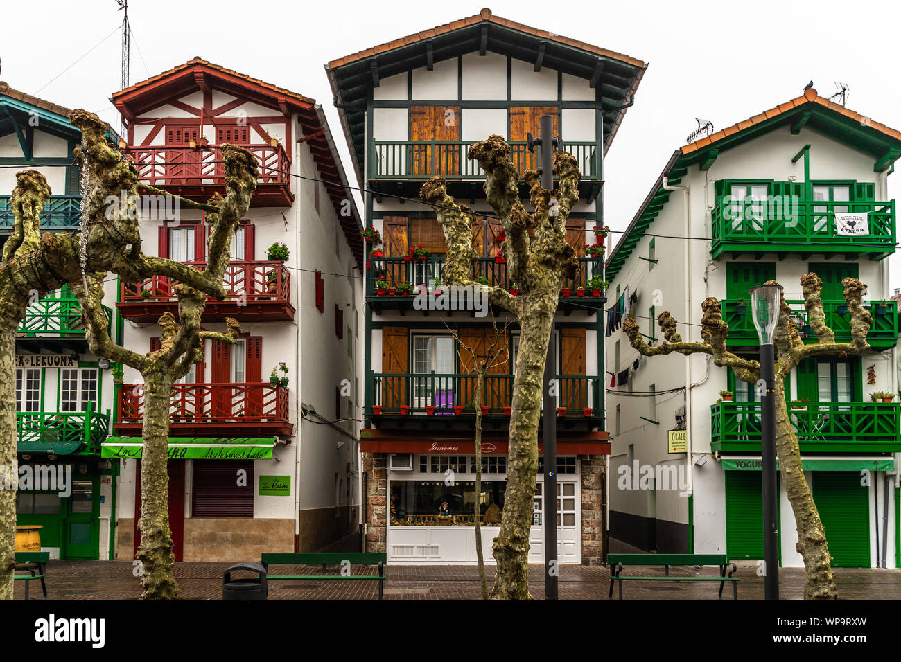 Typical colorful fishermen houses in Hondarribia. Hondarribia, Basque
