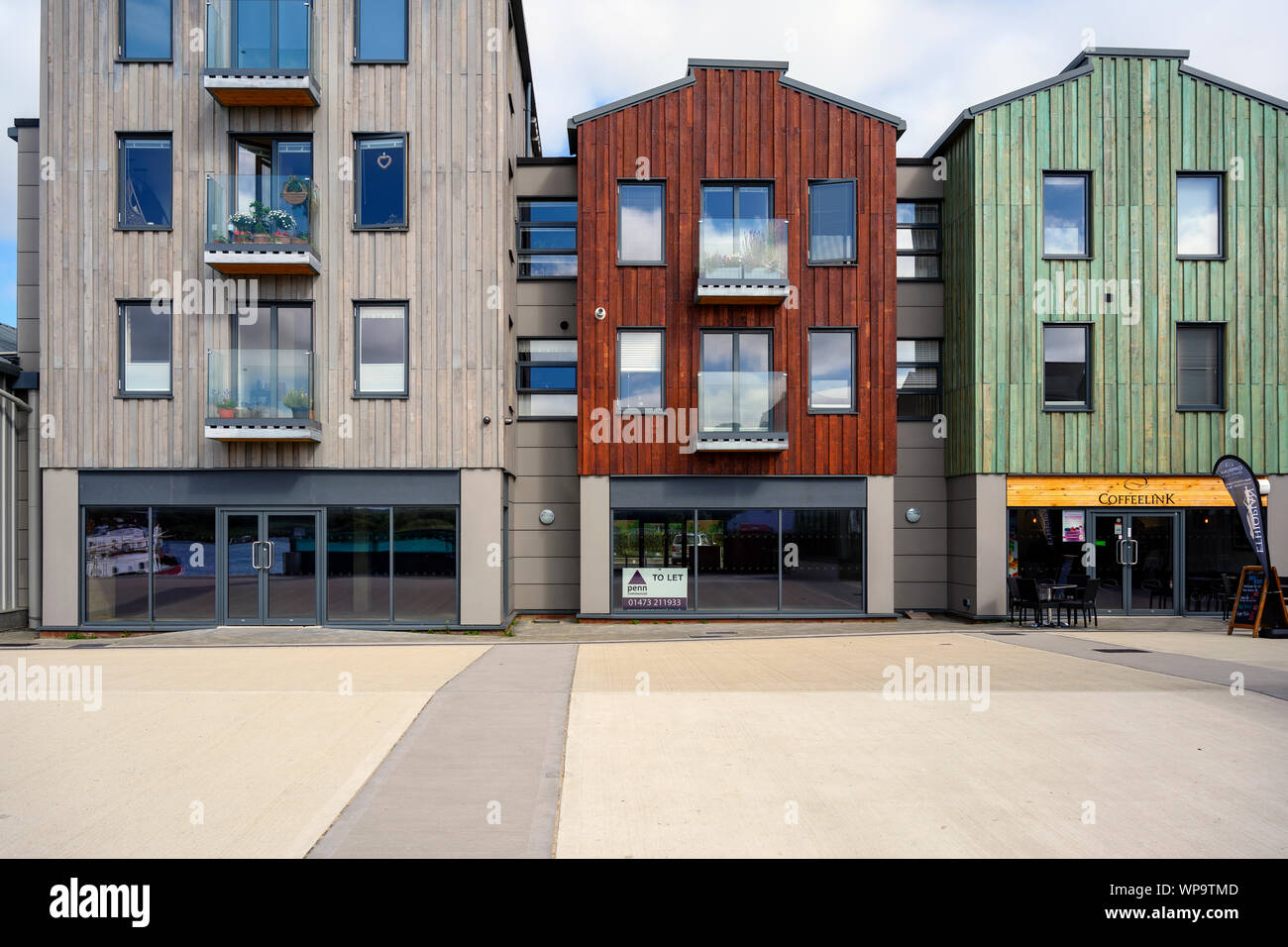 Quayside apartments built on the former Whisstock boatyard, Woodbridge, Suffolk, UK. Stock Photo