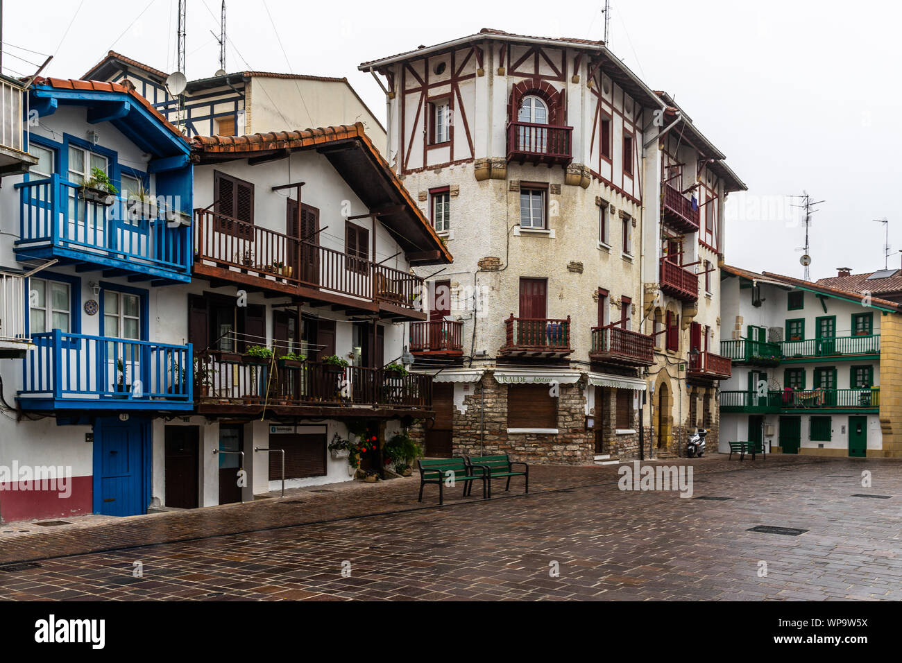 Picturesque square in Hondarribia, a typical Basque town near French border. Hondarribia, Basque Country, Gipuzkoa, Spain, January 2019 Stock Photo