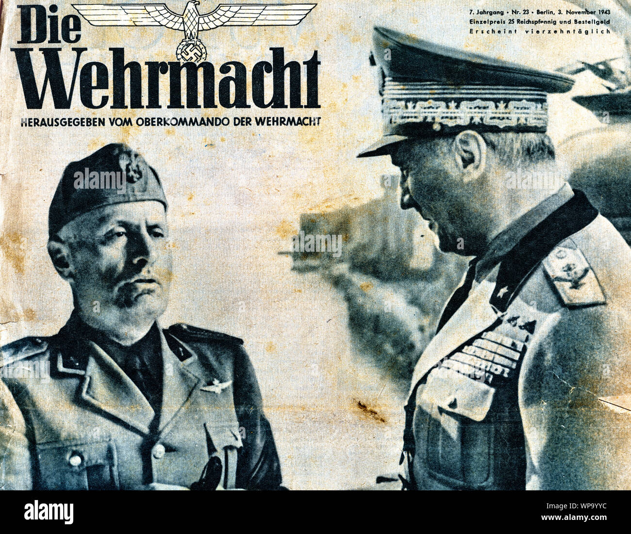 GERMANY, CIRCA 1943: Mussolini shown on a propaganda Nazi Die Wehrmacht, circa 1943 Stock Photo