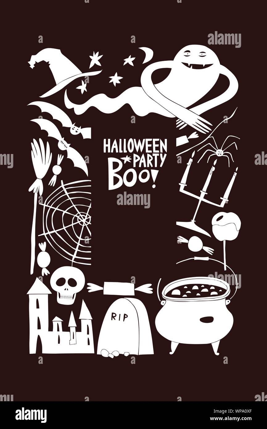 Halloween banner template. Vector hand drawn illustrations on dark ...