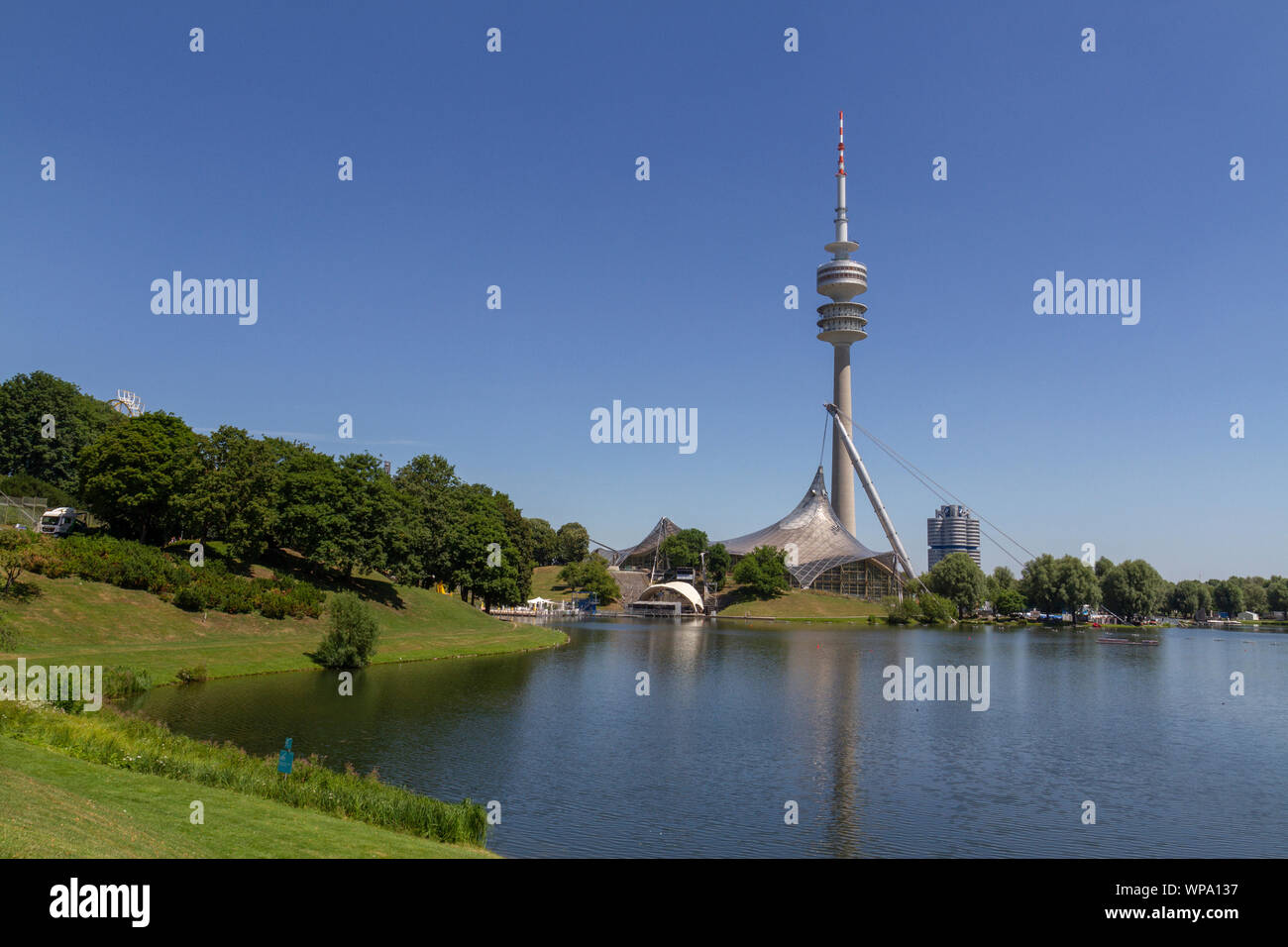 The Olympiaturm, (Olympic Tower), part of the Munich 1972 Olympic Park, Munich, Bavaria, Germany. Stock Photo