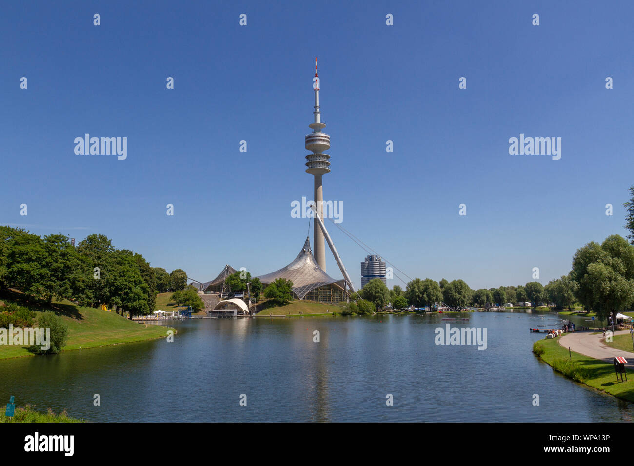 The Olympiaturm, (Olympic Tower), part of the Munich 1972 Olympic Park, Munich, Bavaria, Germany. Stock Photo