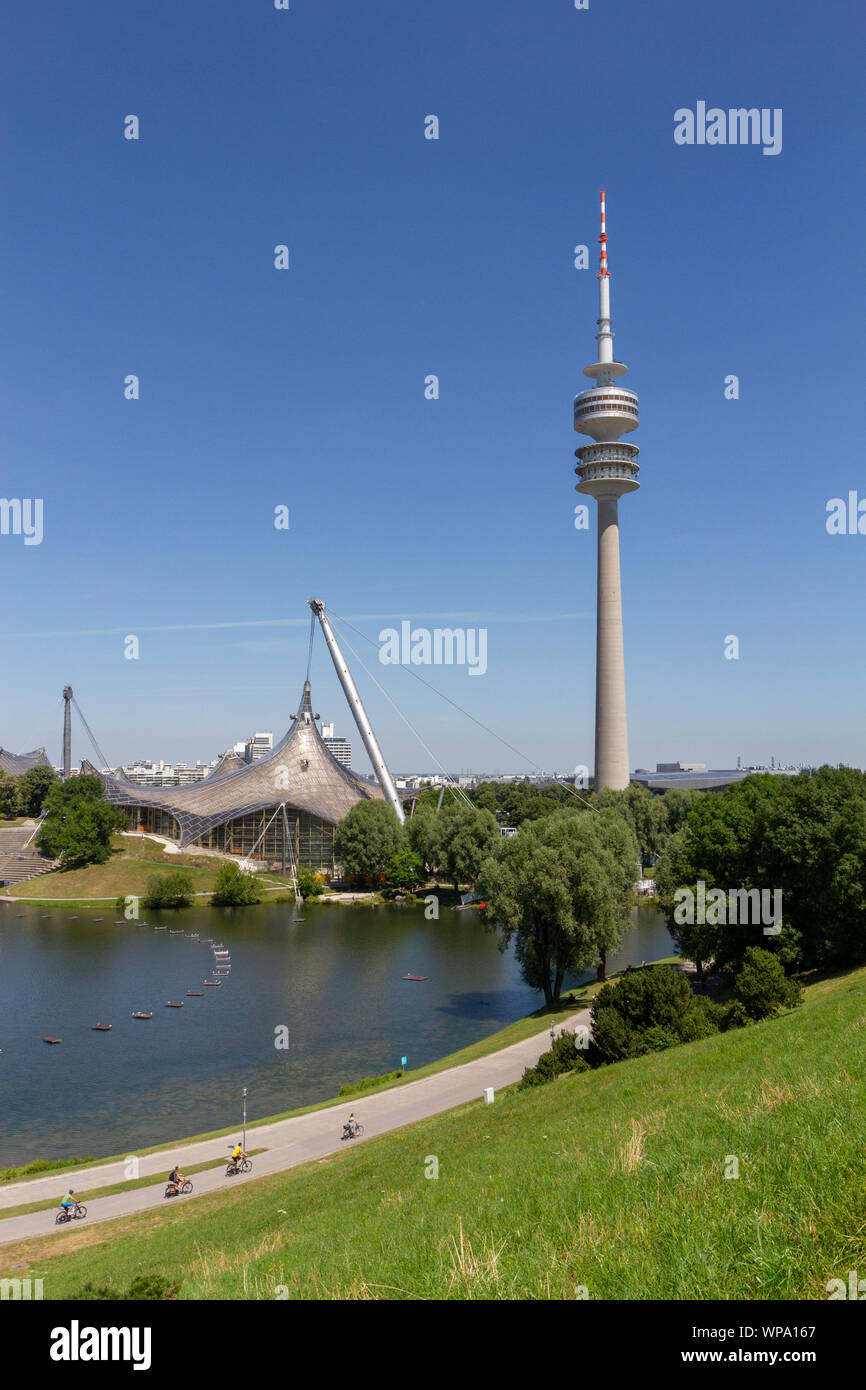 The Olympiaturm, (Olympic Tower), part of the Munich 1972 Olympic Park, Munich, Bavaria, Germany. Stock Photo