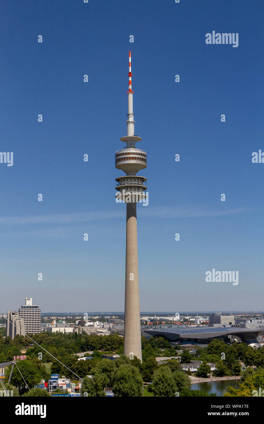 The Olympiaturm, (Olympic Tower), part of the Munich 1972 Olympic Park, Munich, Bavaria, Germany. Stock Photo