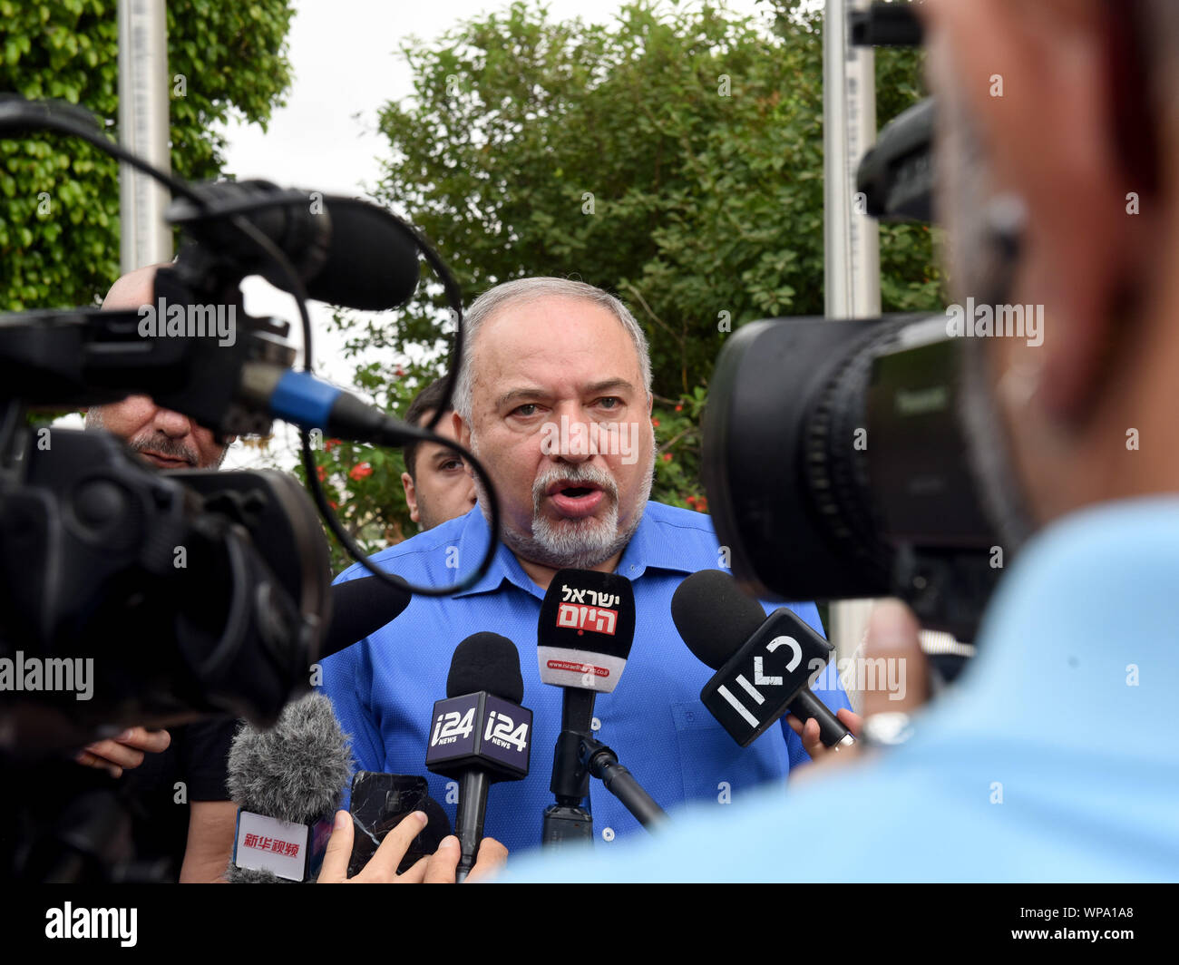 Maale Adumim Settlement, West Bank. 08th Sep, 2019. Israeli former defense minister and head of the Yisrael Beiteinu Party, Avigdor Lieberman, speaks to the press during a campaign stop in the Maale Adumim settlement in the West Bank, on Sunday, September 8, 2019. Lieberman promised sovereignty for Maale Adumim, the third largest West Bank settlement. Israelis return to the polls on September 17, for the second national election in 2019. Photo by Debbie Hill/UPI Credit: UPI/Alamy Live News Stock Photo