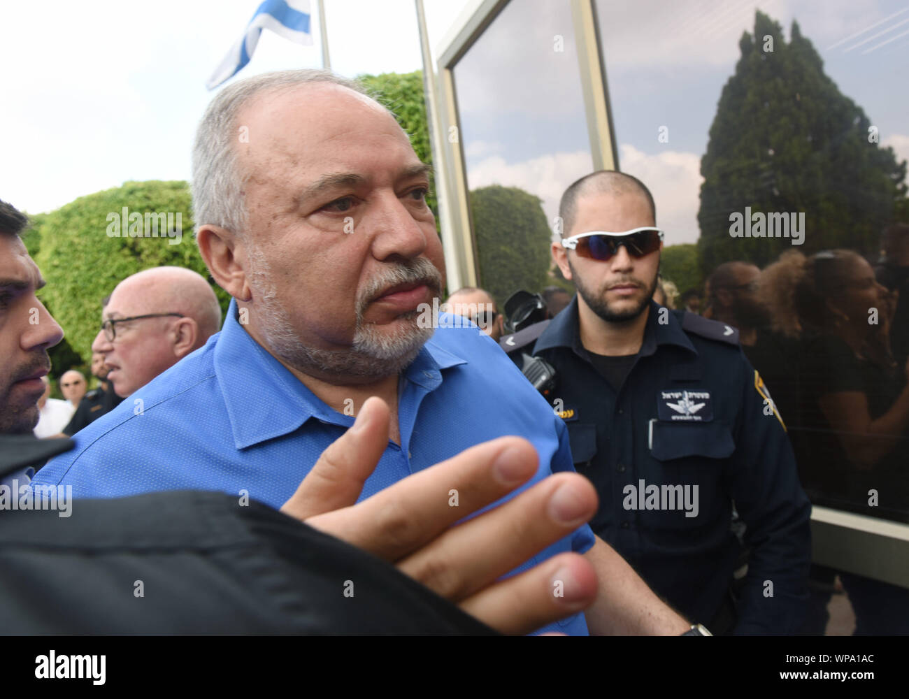 Maale Adumim Settlement, West Bank. 08th Sep, 2019. Israeli former defense minister and head of the Yisrael Beiteinu Party, Avigdor Lieberman, makes his way through the press during a campaign stop in the Maale Adumim settlement in the West Bank, on Sunday, September 8, 2019. Lieberman promised sovereignty for Maale Adumim, the third largest West Bank settlement. Israelis return to the polls on September 17, for the second national election in 2019. Photo by Debbie Hill/UPI Credit: UPI/Alamy Live News Stock Photo