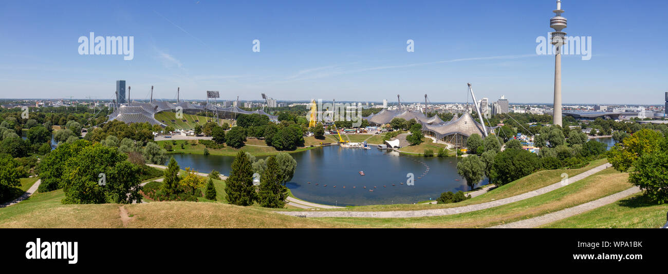Panaoramic view of the Munich 1972 Olympic Park including the Olympiaturm, (Olympic Tower), Munich, Bavaria, Germany. Stock Photo