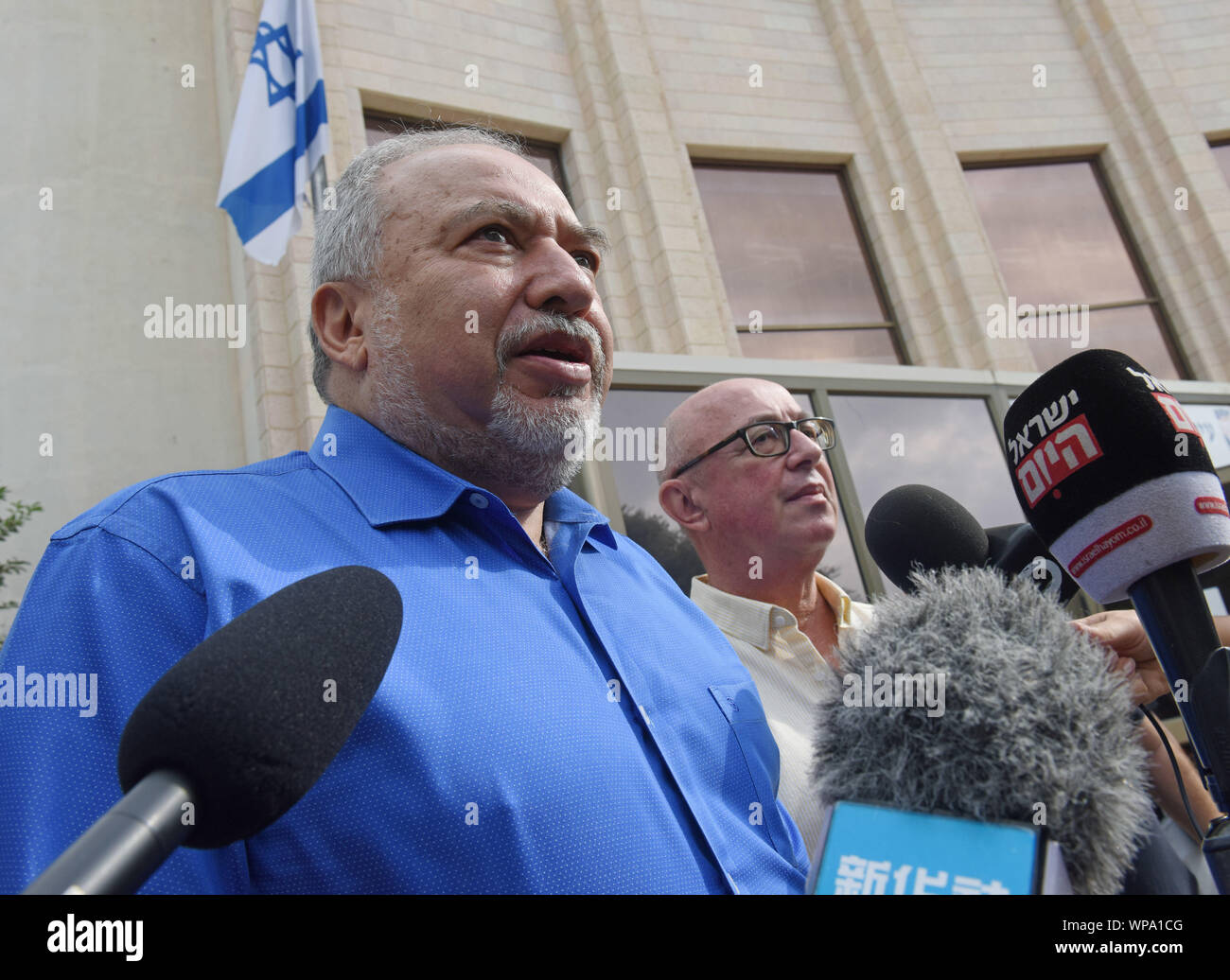 Maale Adumim Settlement, West Bank. 08th Sep, 2019. Israeli former defense minister and head of the Yisrael Beiteinu Party, Avigdor Lieberman, speaks to the press during a campaign stop in the Maale Adumim settlement in the West Bank, on Sunday, September 8, 2019. Lieberman promised sovereignty for Maale Adumim, the third largest West Bank settlement. Israelis return to the polls on September 17, for the second national election in 2019. Photo by Debbie Hill/UPI Credit: UPI/Alamy Live News Stock Photo