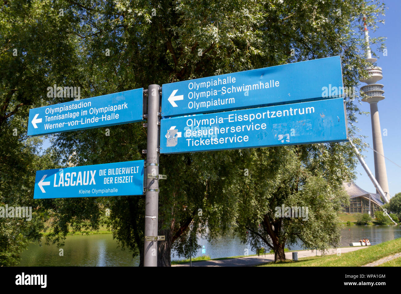 Typical direction signpost in part of the Munich 1972 Olympic Park, Munich, Bavaria, Germany. Stock Photo