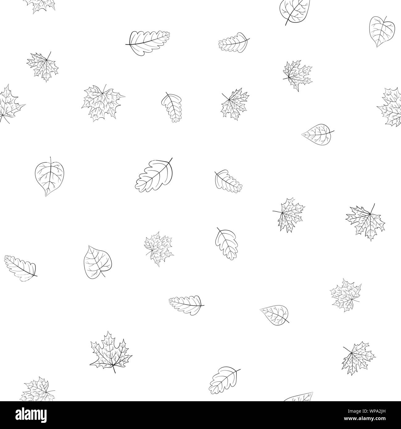 abstract vector doodle autumn leaves seamless pattern - black and white ...