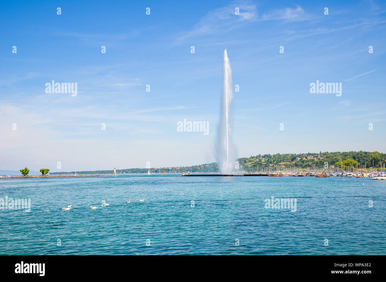 Jet d'Eau, famous water fountain in Geneva, Switzerland located on Lake Geneva. Symbol of the