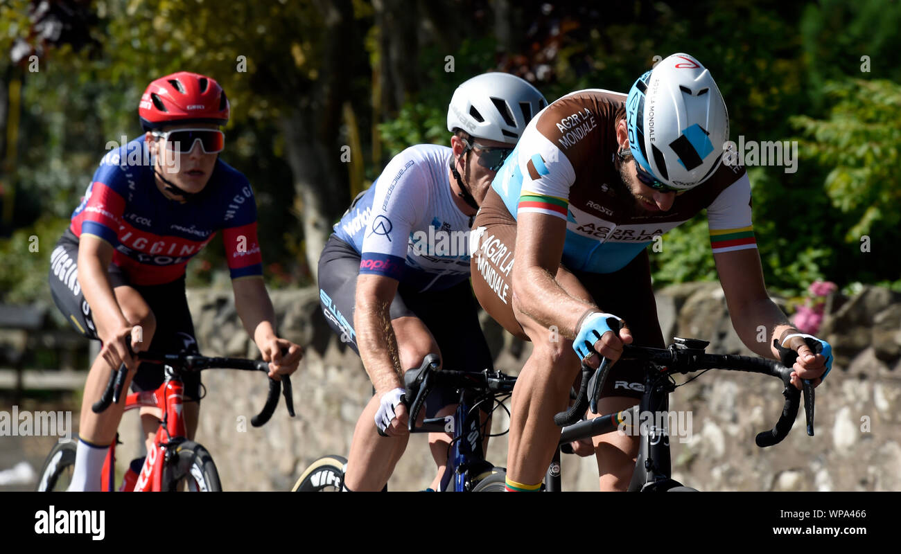 AG2R La Mondiale's Gediminas Bagdonas leads a breakaway group in the village of Duns during stage two of the OVO Energy Tour of Britain from Kelso to Kelso. Stock Photo