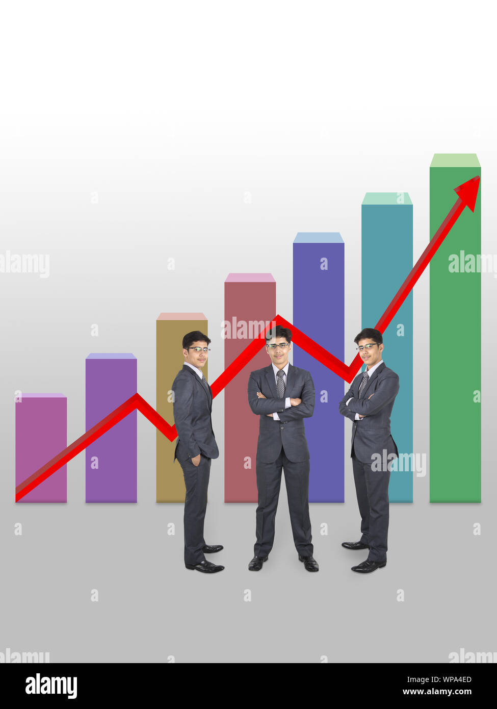 Businessman standing in front of bar graph rising upward Stock Photo ...