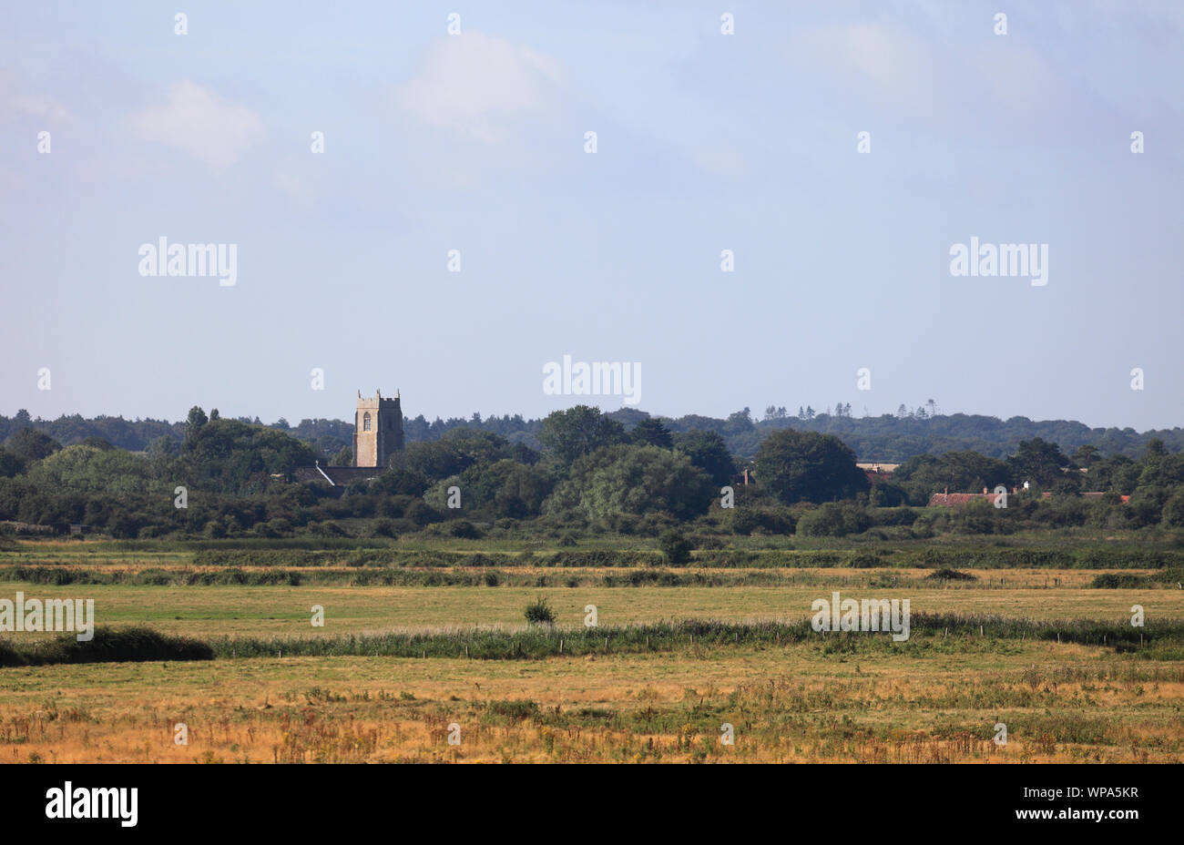 The church at Holme-next-the-Sea on the North Norfolk coast seen across grazing land at Thornham. Stock Photo