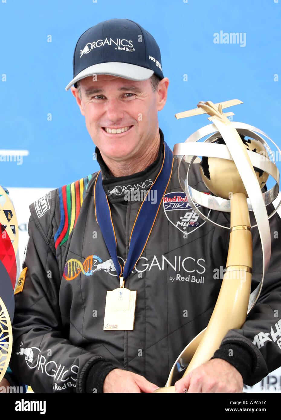 Chiba, Japan. 8th Sep, 2019. Australian pilot Matt Hall holds the trophy of  overall standing of Red Bull Air Race World Championship in Chiba, suburban  Tokyo on Sunday, September 8, 2019. Hall