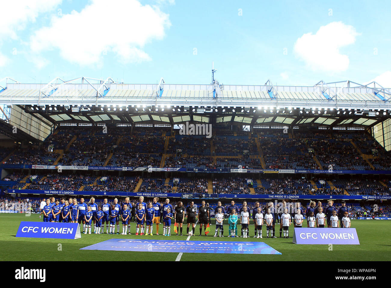London, UK. 08th Sep, 2019. The teams of Chelsea Women and Tottenham women line up ahead of the game. FA Women's super league match, Chelsea women v Tottenham Hotspur women at Stamford Bridge in London on Sunday 8th September 2019. this image may only be used for Editorial purposes. Editorial use only, license required for commercial use. No use in betting, games or a single club/league/player publications. pic by Steffan Bowen/ Credit: Andrew Orchard sports photography/Alamy Live News Stock Photo