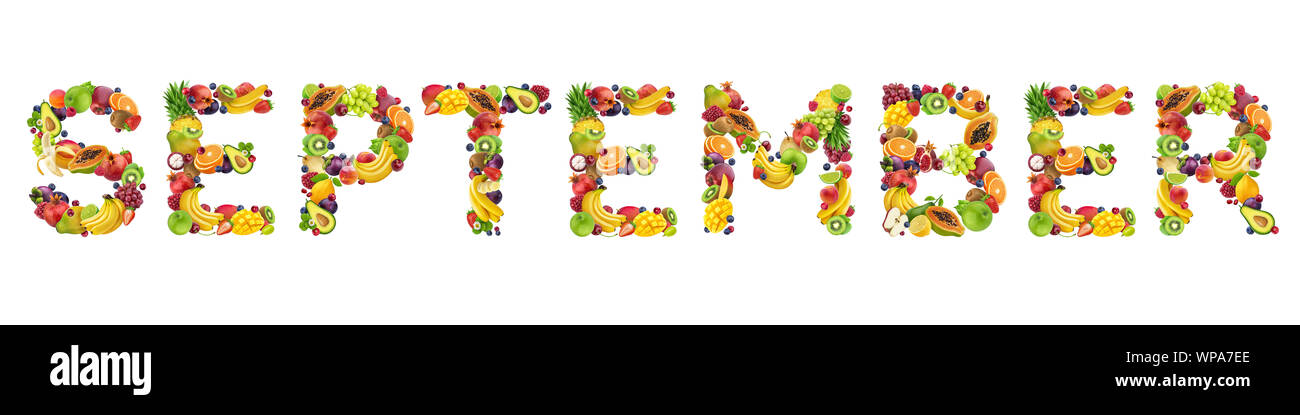 September word made of tropical and exotic fruits Stock Photo