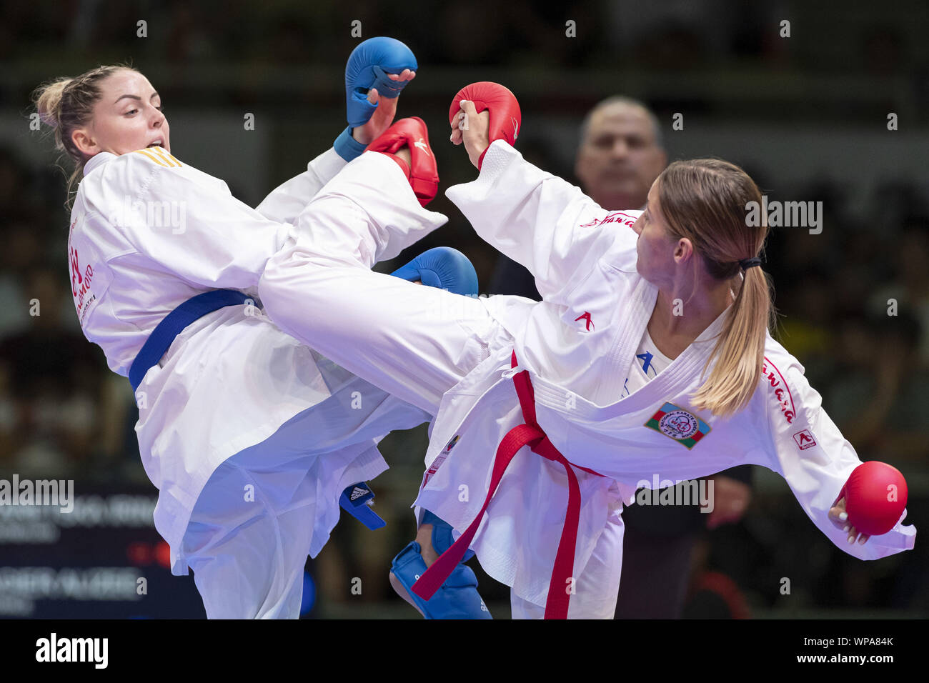 Tokyo, Japan. 8th Sep, 2019. Irina Zaretska of Azerbaijan (red) fights against Alizee Agier of France (blue) for the gold medal of the Female Kumite's -68 kg category at the Karate1 Premier League Tokyo 2019. The Karate1 Premier League is held from September 6 to 8 at the Nippon Budokan. The Karate will make its debut appearance at the Tokyo 2020 Summer Olympic Games. Irina Zaretska won the gold. Credit: Rodrigo Reyes Marin/ZUMA Wire/Alamy Live News Stock Photo