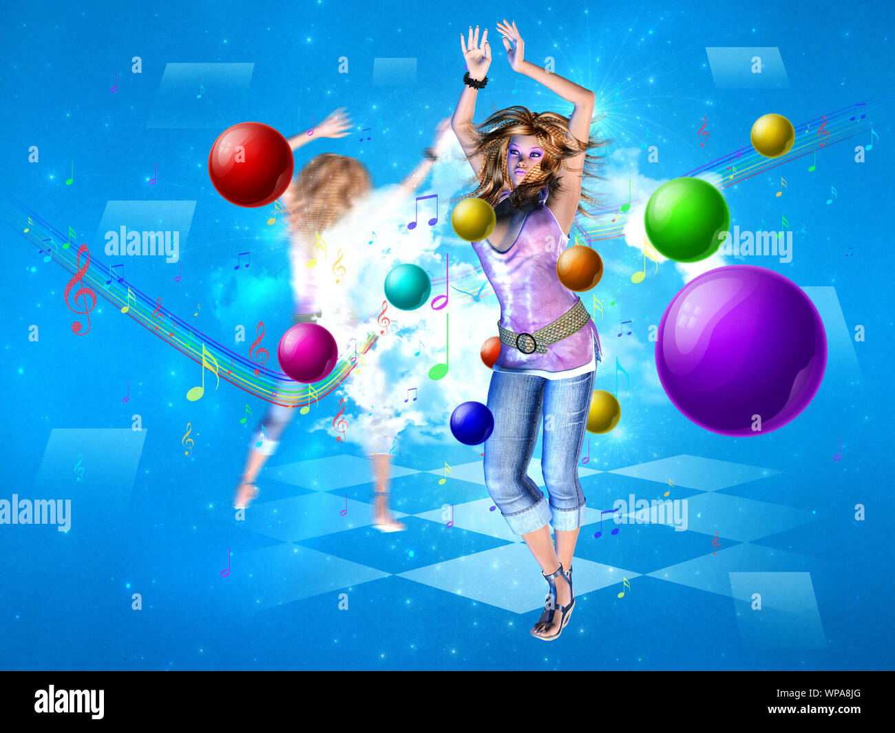 Illustration of abstract dance background with a pretty 3d girl Stock ...