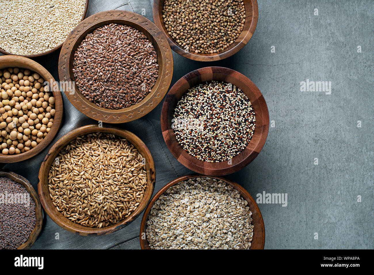 Various of healthy seeds and cereals sesame, flax seed, chia seeds