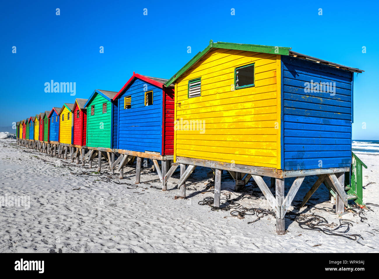 Colorful beach houses on the beach, Muizenberg, Cape Town, Western Cape, South Africa Stock Photo