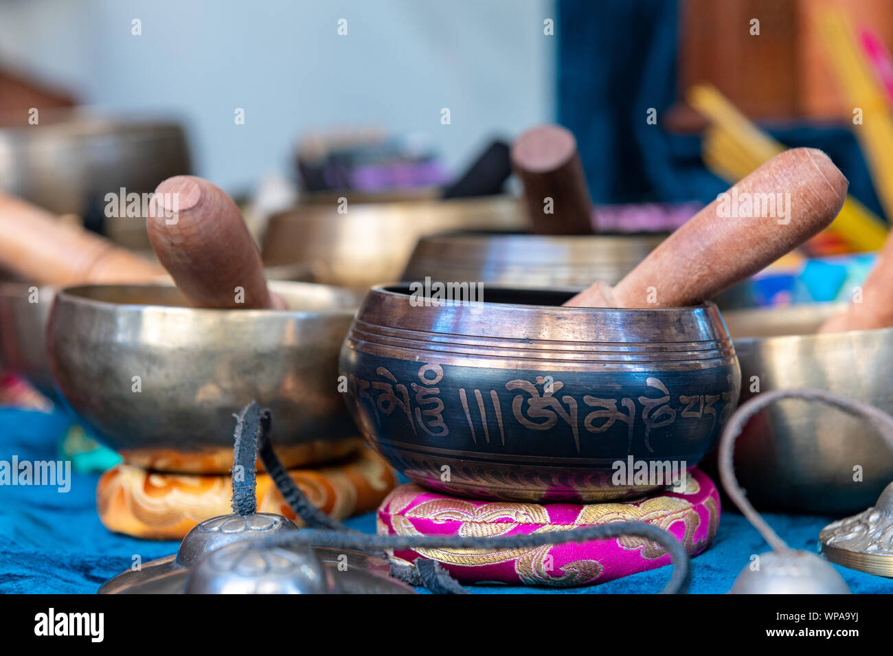 Tibetan bowls made by hand, by Buddhist monks Stock Photo - Alamy