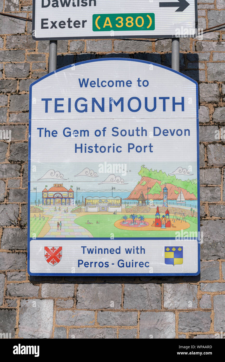 Teignmouth town Welcome to Teignmouth sign. Stock Photo
