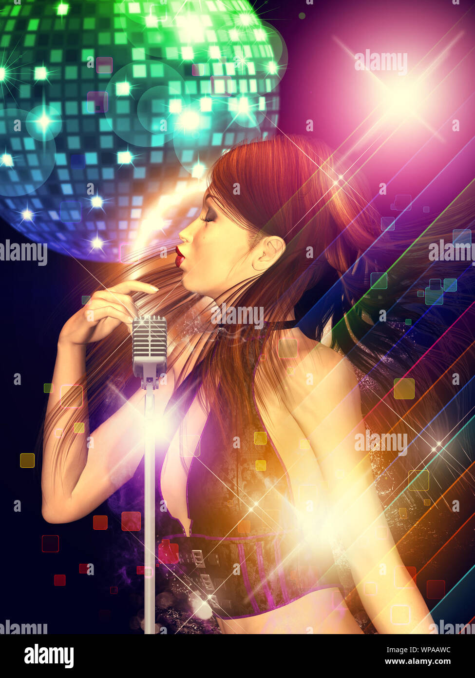 Illustration of a dancing girl with retro microphone and disco ball ...