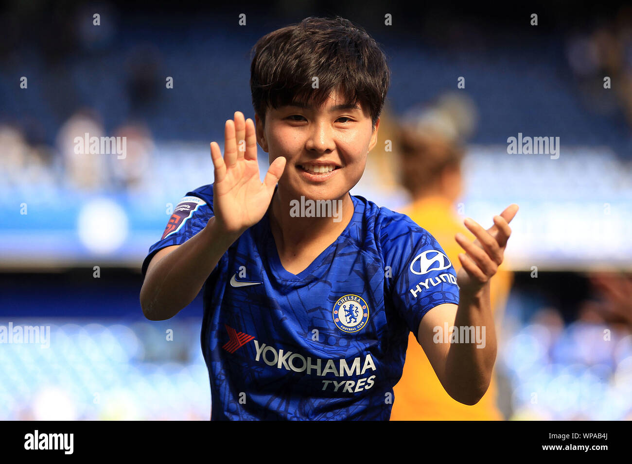 London, UK. 08th Sep, 2019. Ji So-yun of Chelsea Women gestures and celebrates towards the fans after the game. FA Women's super league match, Chelsea women v Tottenham Hotspur women at Stamford Bridge in London on Sunday 8th September 2019. this image may only be used for Editorial purposes. Editorial use only, license required for commercial use. No use in betting, games or a single club/league/player publications. pic by Steffan Bowen/ Credit: Andrew Orchard sports photography/Alamy Live News Stock Photo