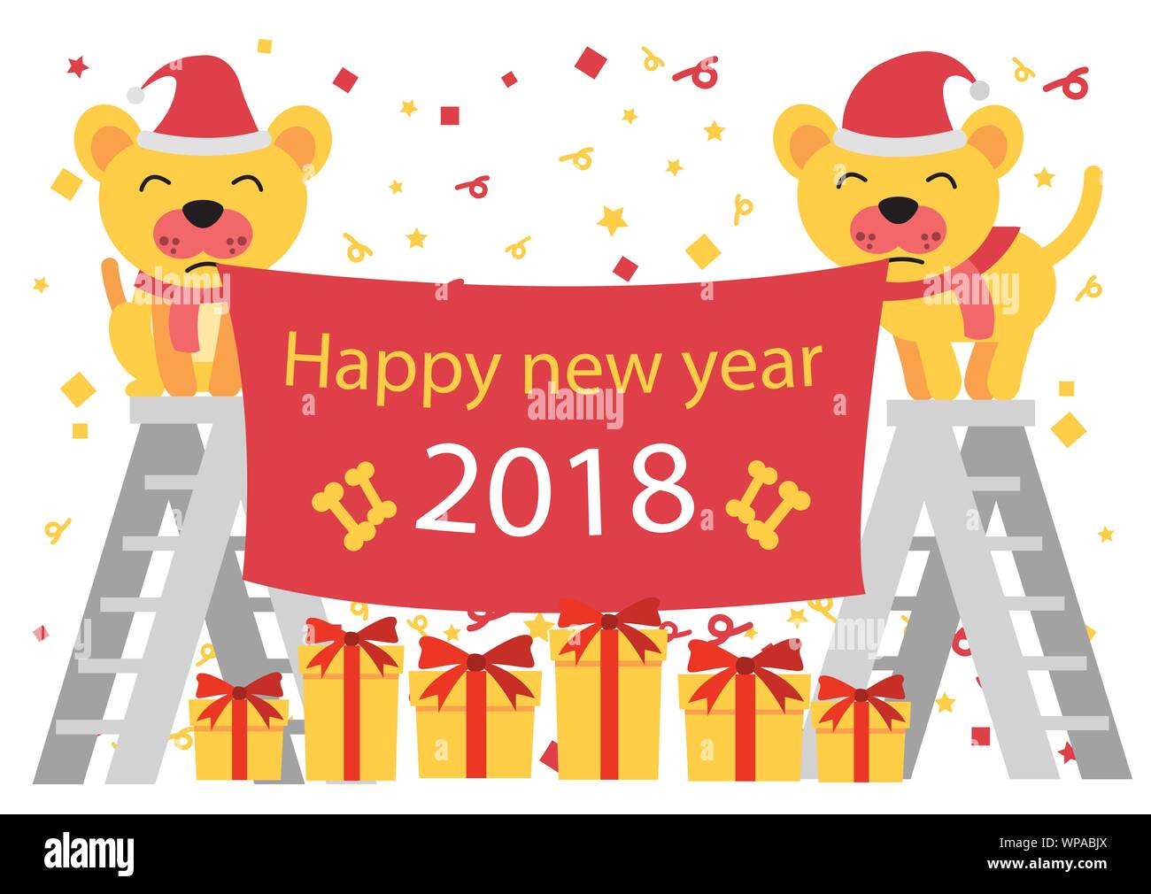 dog santa claus stand on ladder of present their new year label happily ...