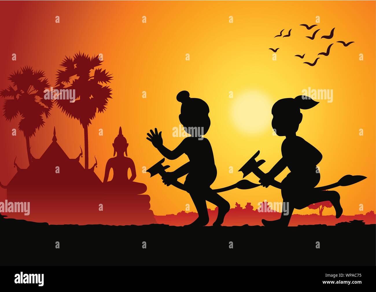 sunset landscape and country life with Thai children play game,banana horse  around with nature and temple.countryside of eastern lifestyle.vector illu  Stock Vector Image & Art - Alamy