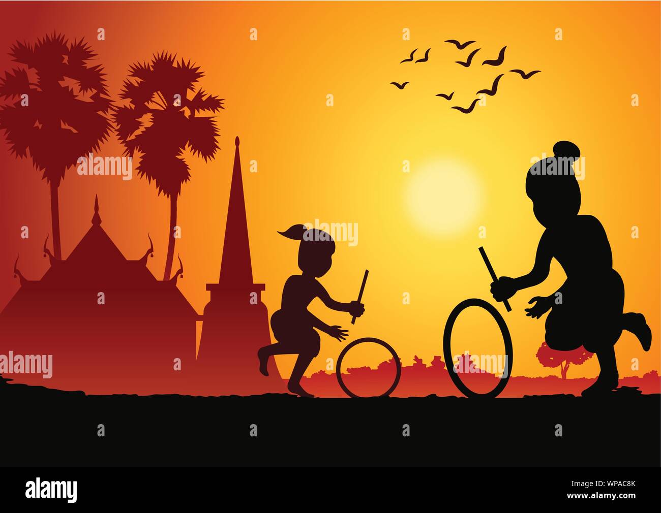 sunset landscape and country life with Thai children play game,hit wheel  rolling around with nature and temple.countryside of eastern  lifestyle.vector Stock Vector Image & Art - Alamy